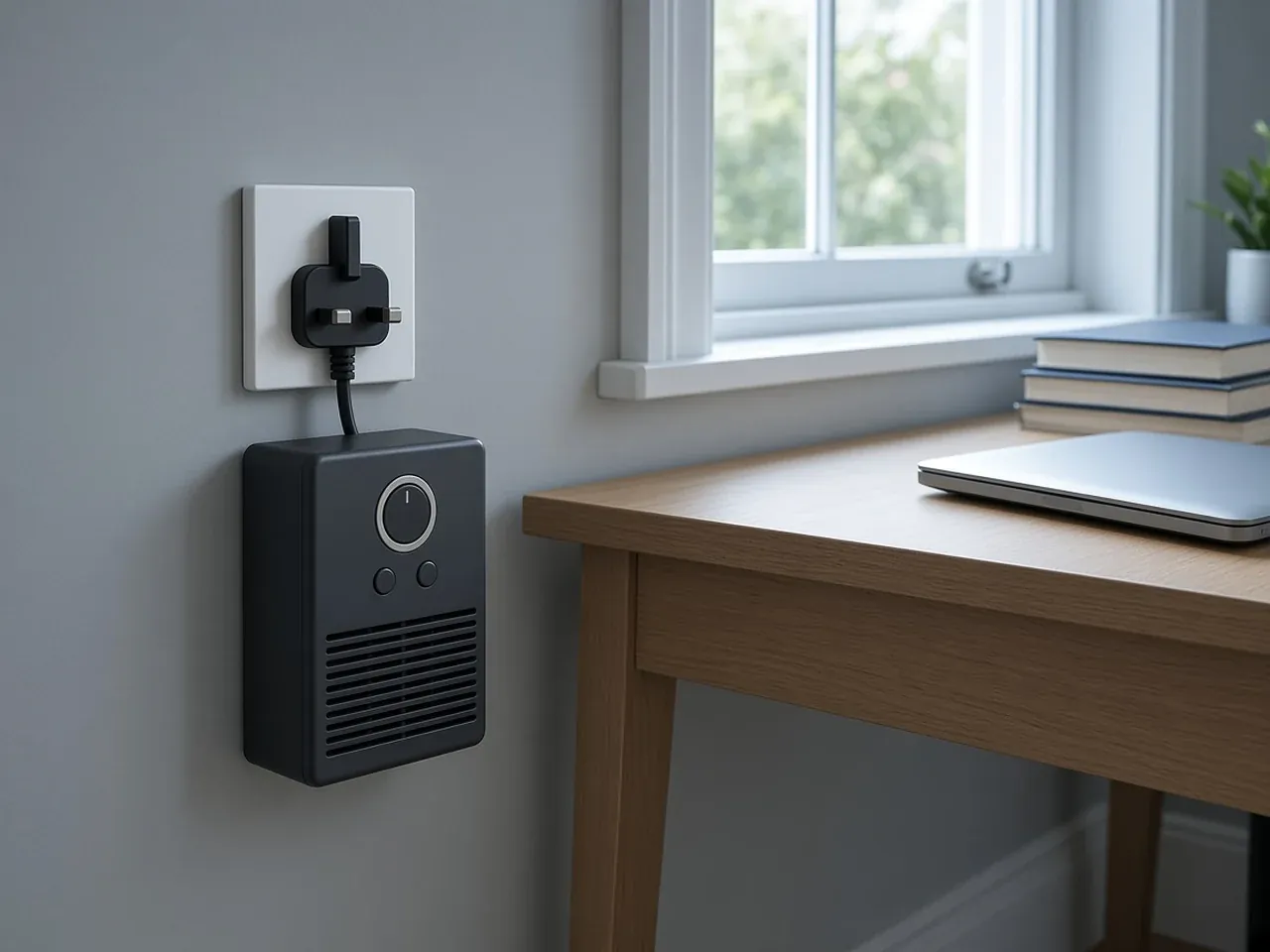 Calefactor mediano junto al escritorio de un despacho en casa